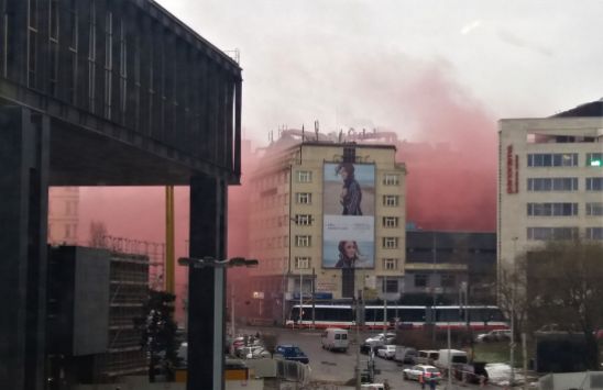 Pink smoke Prague city centre Transgas protest